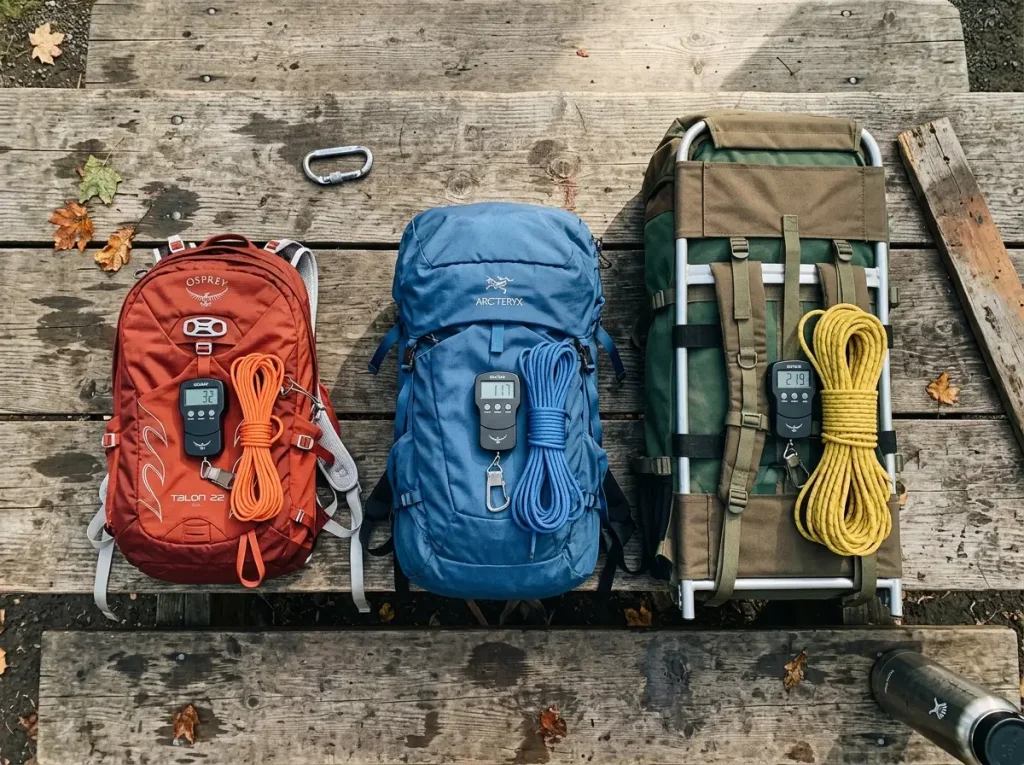 Three backpacks of different sizes lined up to match suspension type to load weight