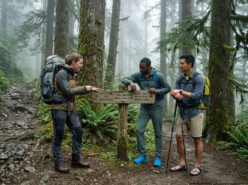 Three backpackers at a misty forest signed junction wearing boots, trail runners, and sandals.