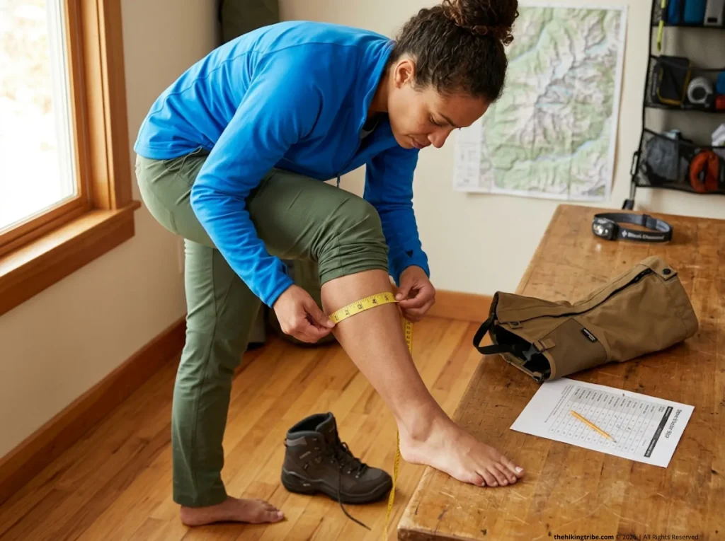 Hiker measuring calf circumference with fabric tape to correctly size Stone Glacier gaiter    