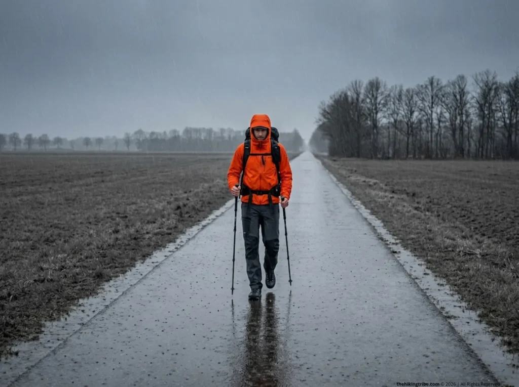 Lone hiker walking on straight flat flooded path in heavy rain for mental training