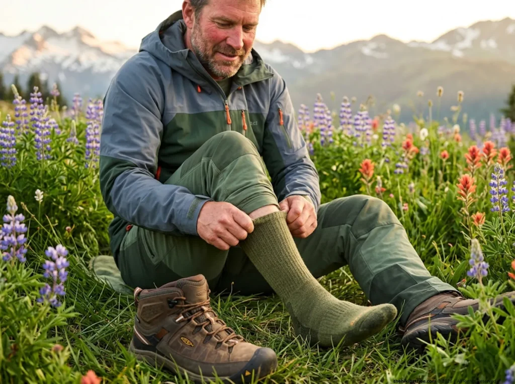 Hiker resting in an alpine meadow pulling up a Darn Tough merino wool sock beside a Keen boot.