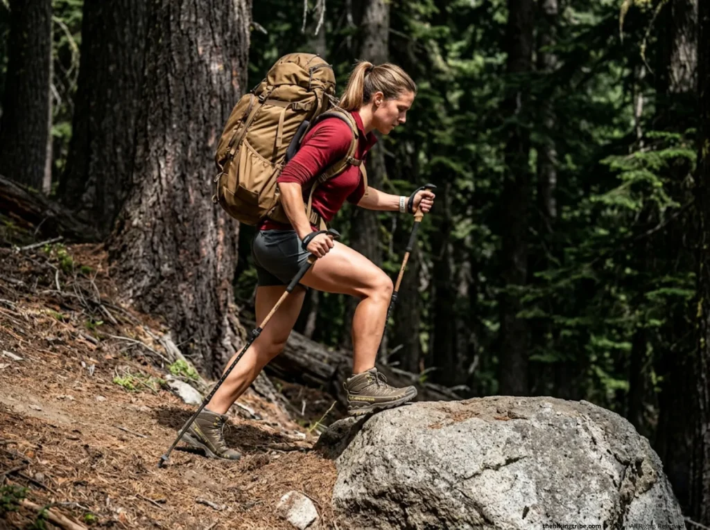 Female hiker climbing a steep granite step showcasing the intense metabolic cost of load carriage.