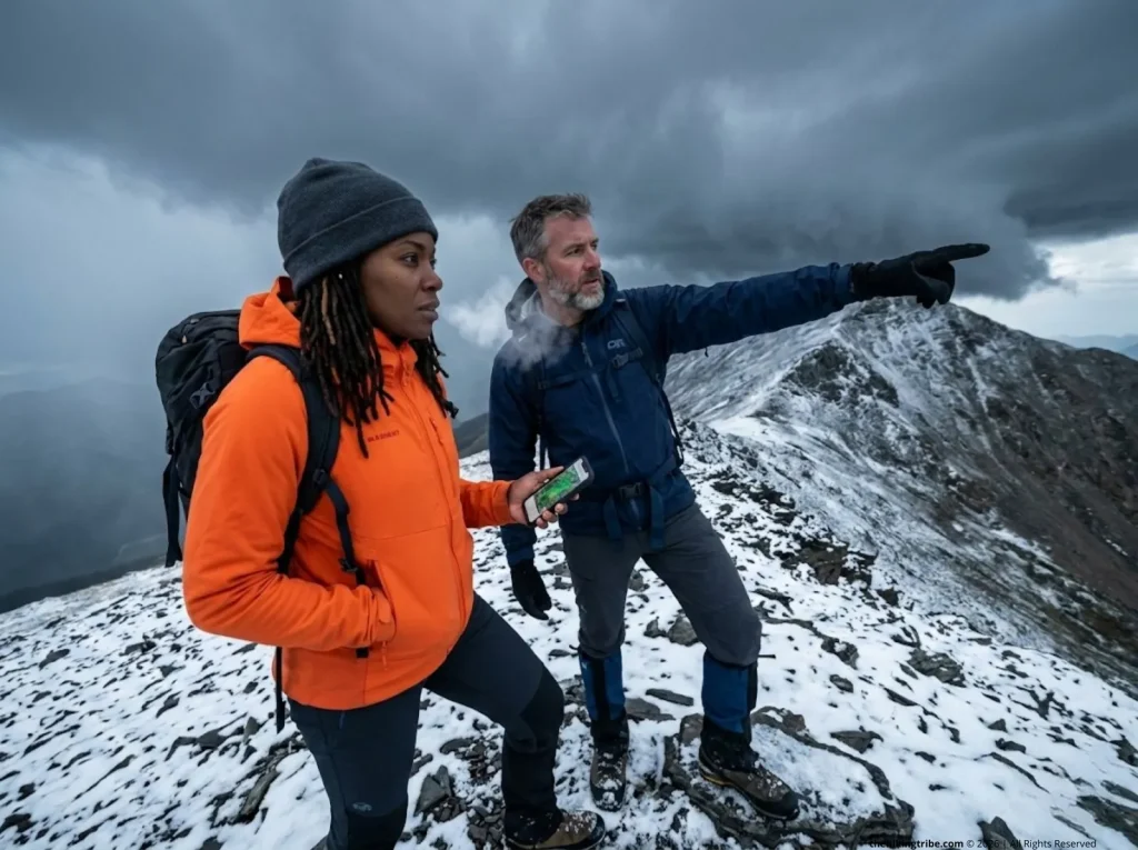 Two hikers on an exposed alpine ridge checking weather app against incoming ominous storm clouds