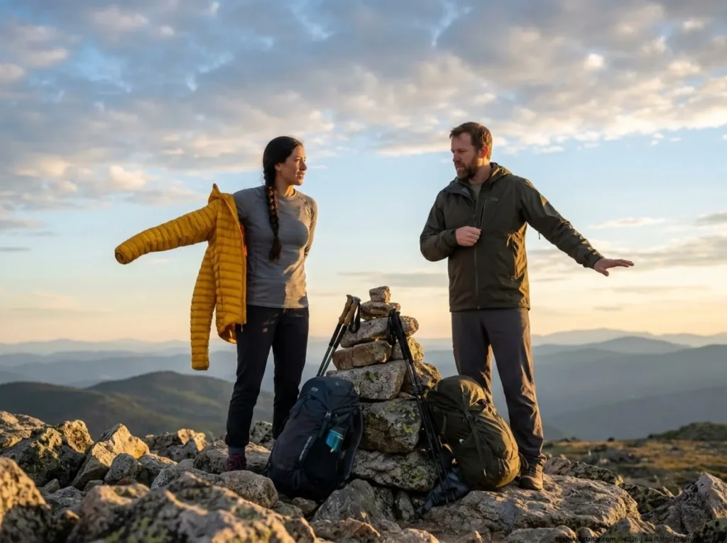 Hikers building adaptable layering stack at fall summit with shell and insulated jacket
