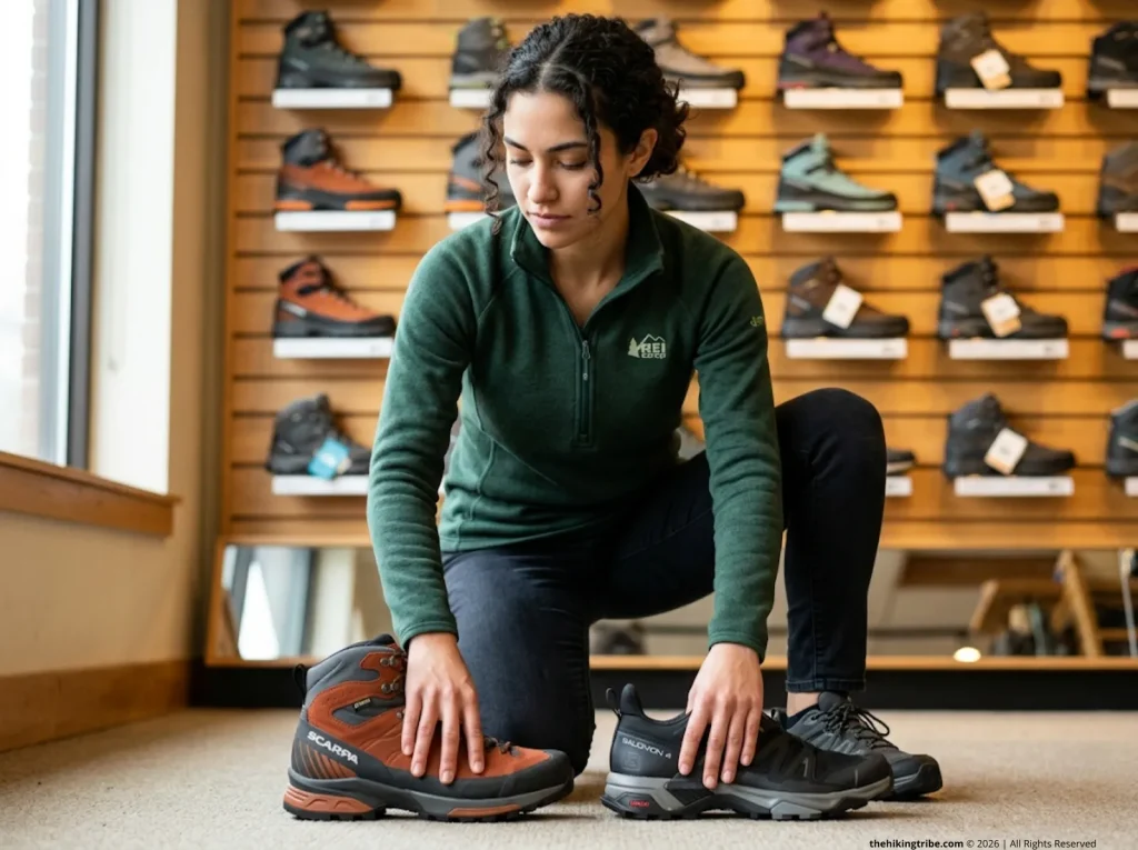 Outdoor gear specialist comparing PU midsole Scarpa Kinesis Pro versus EVA Salomon X Ultra 4 midsole compression