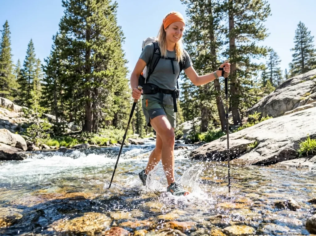 Female thru-hiker confidently crossing an icy alpine stream in Altra zero-drop trail runners.