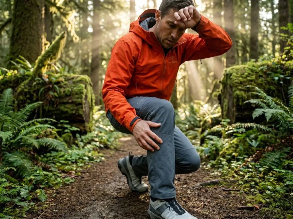 Male hiker inspecting mud and water soaking through technical pants