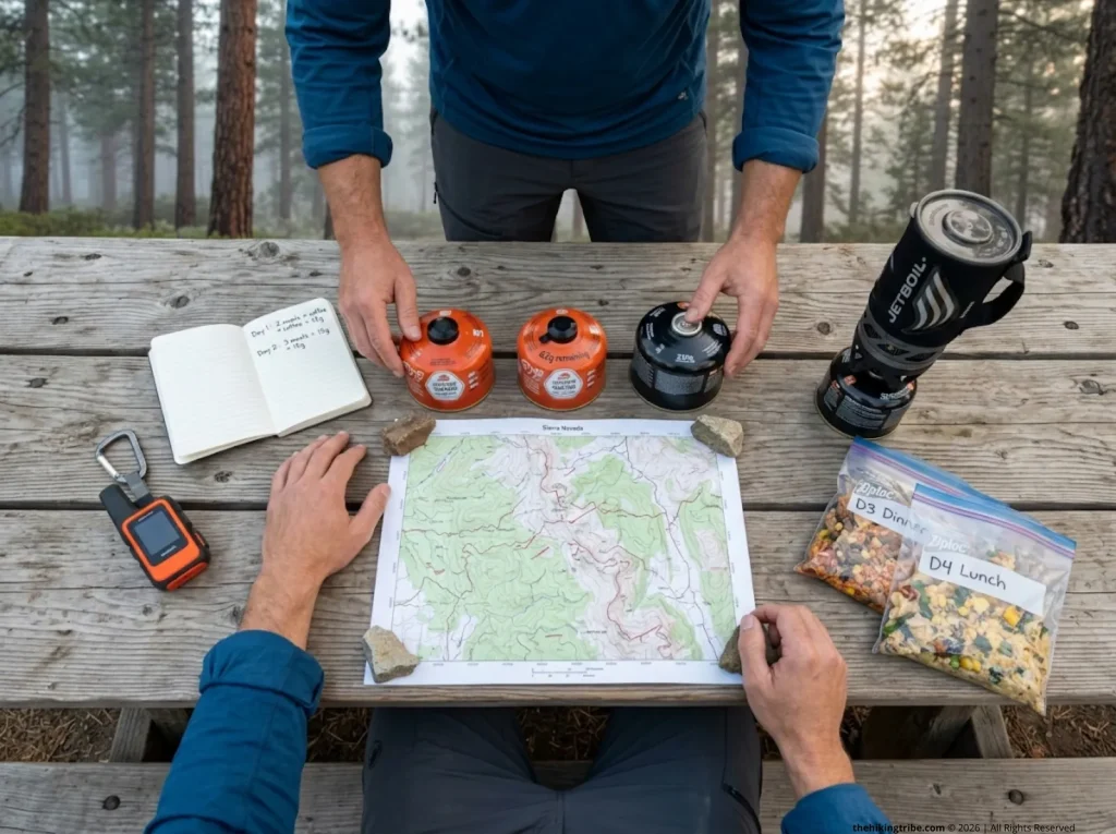 Hiker plans multi-day fuel with JetPower canisters and trail map at trailhead
