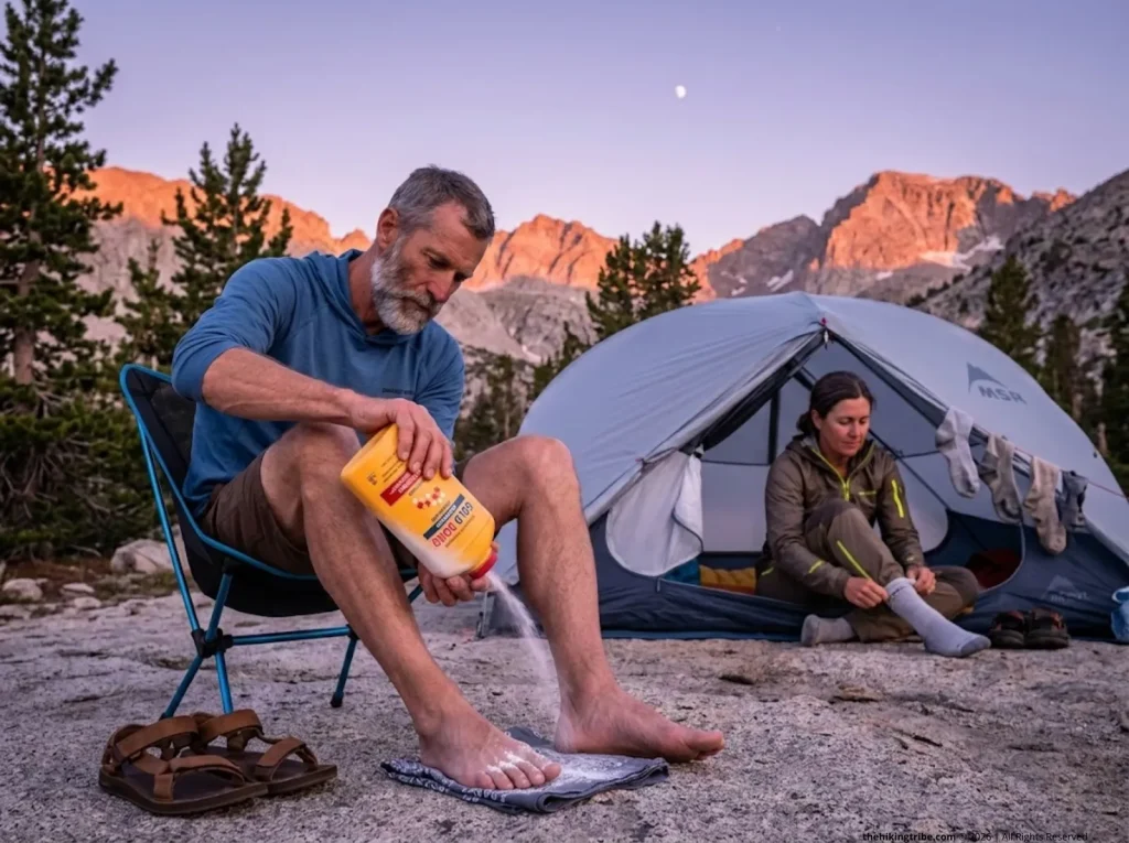 Backpackers performing nightly foot care routine at alpine camp, applying foot powder and changing socks