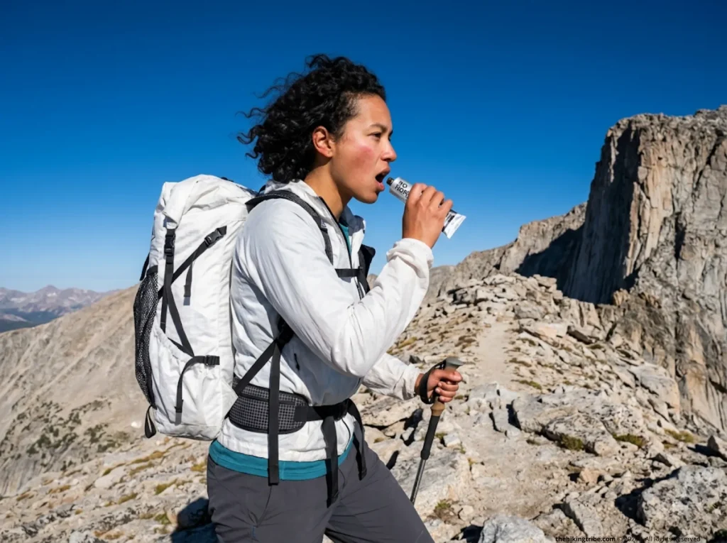 Hiker squeezing No Normal Coffee Paste tube directly from tube on exposed alpine ridgeline