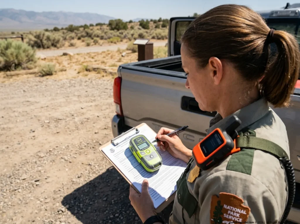 Park ranger verifying PLB hex ID with NOAA beacon registration paperwork at a trailhead
