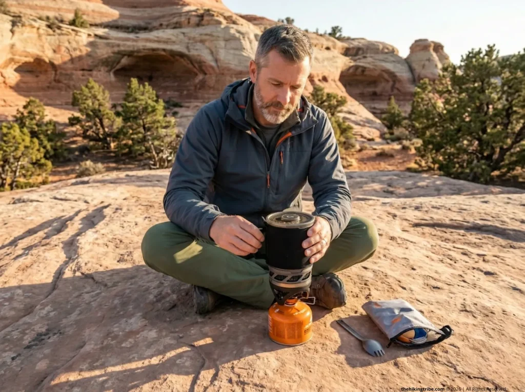 Experienced hiker wraps neoprene cozy around Jetboil MiniMo for off-heat cooking