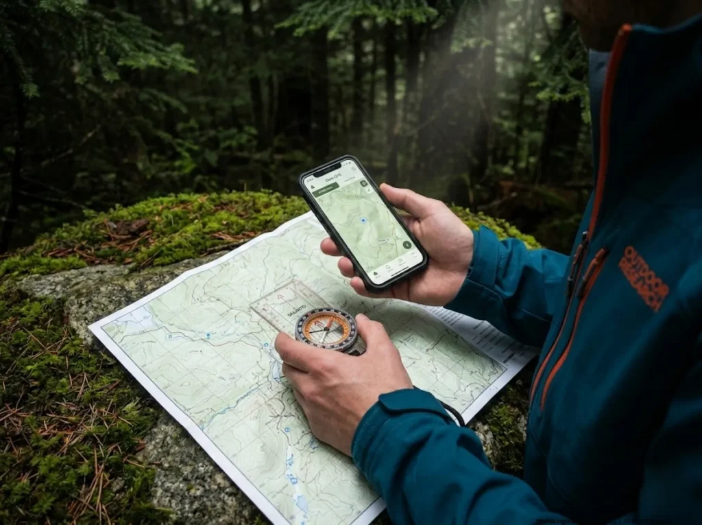 Hands holding compass and smartphone offline GPS map over a paper topographical map