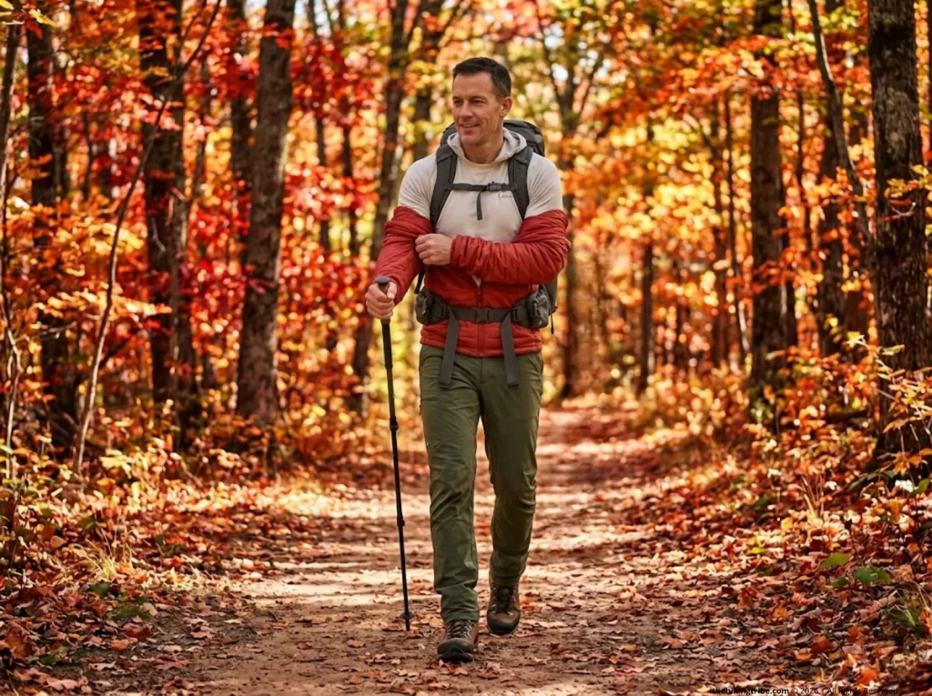 Hiker executing an on-trail layer transition removing insulated jacket while moving