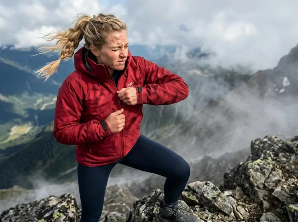 Female hiker zipping up Arc'teryx jacket against a sudden cold downdraft on a mountain saddle