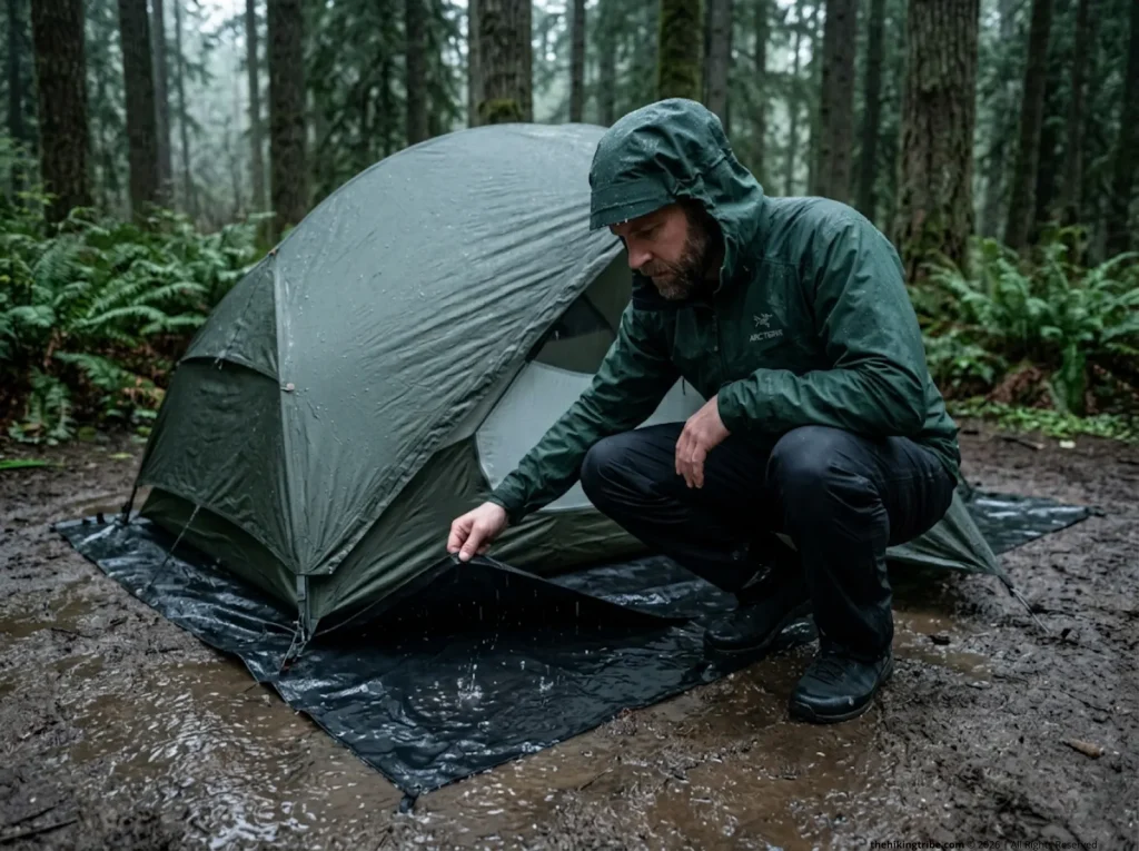 Camper struggling with an oversized tent footprint trapping rainwater under his tent in a storm.