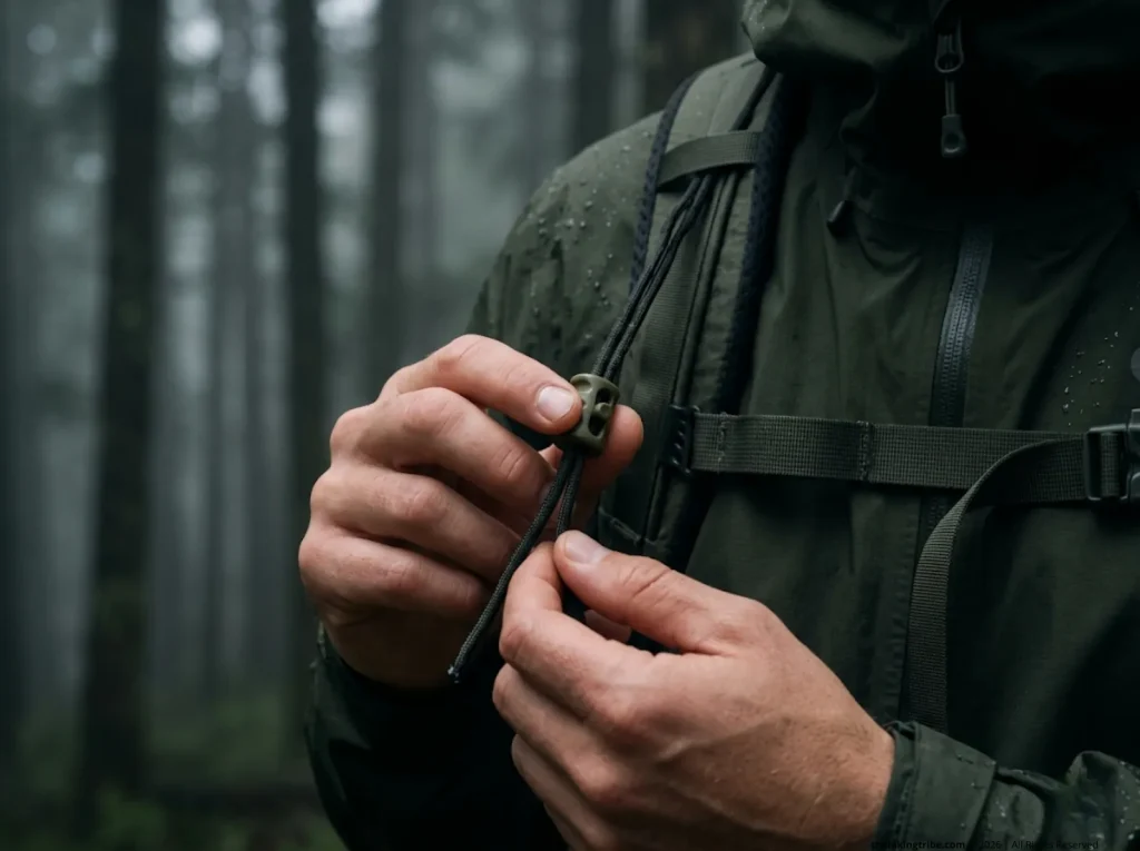 Hands sliding pace counting ranger beads on a backpack strap