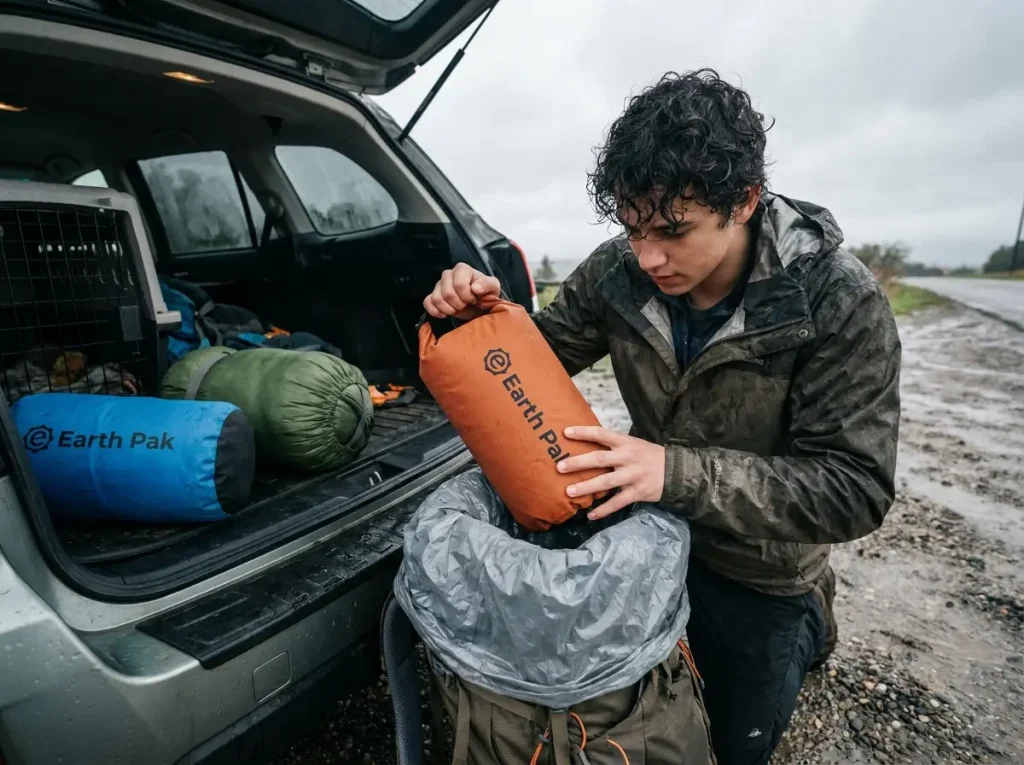 A pack liner and roll-top dry bags going into a backpack to keep sleep gear and electronics dry