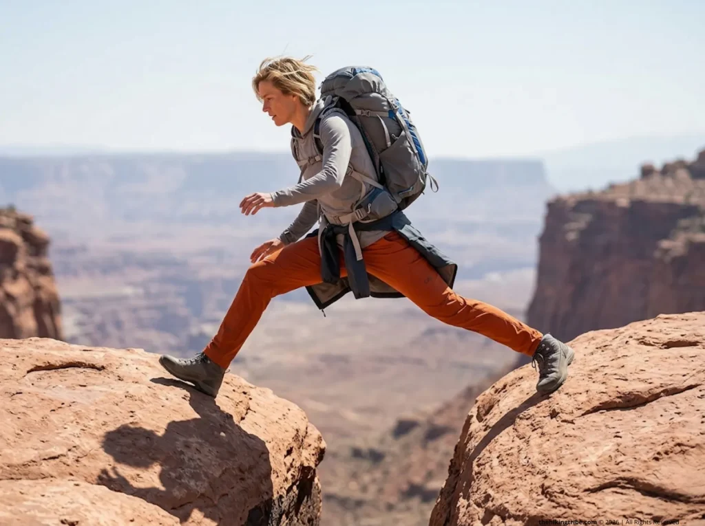 Female hiker lunging across desert boulders in Outdoor Research pants