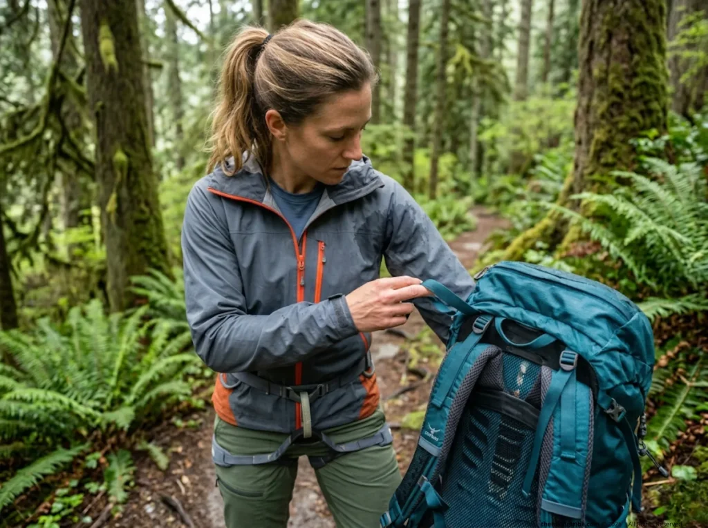 Backpacker showing a wetted out Patagonia jacket under backpack straps due to membrane failure