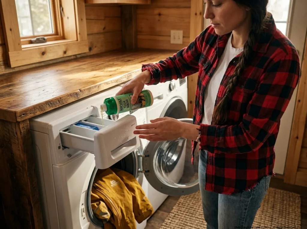 Woman pouring Nikwax Tech Wash into front loading machine to clean Mountain Equipment rain jacket