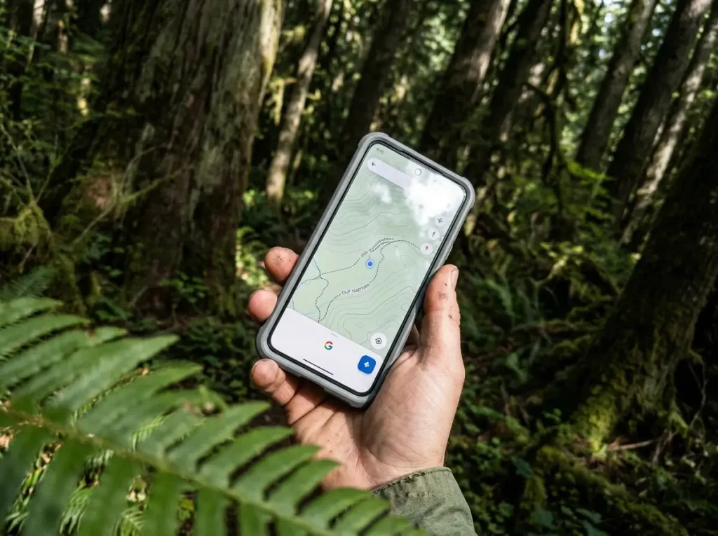 Smartphone showing drifting GPS position under dense forest canopy where a hiking GPS locks tighter