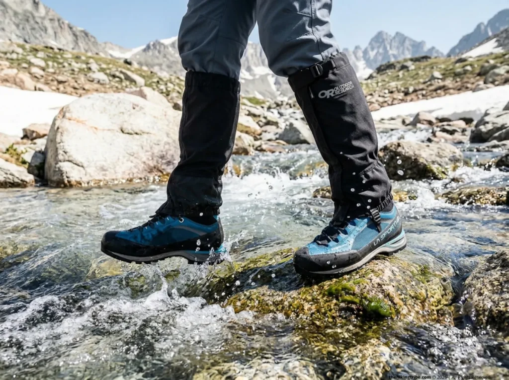 Female hiker crossing alpine stream showing water wetting out on one boot while beading on the other