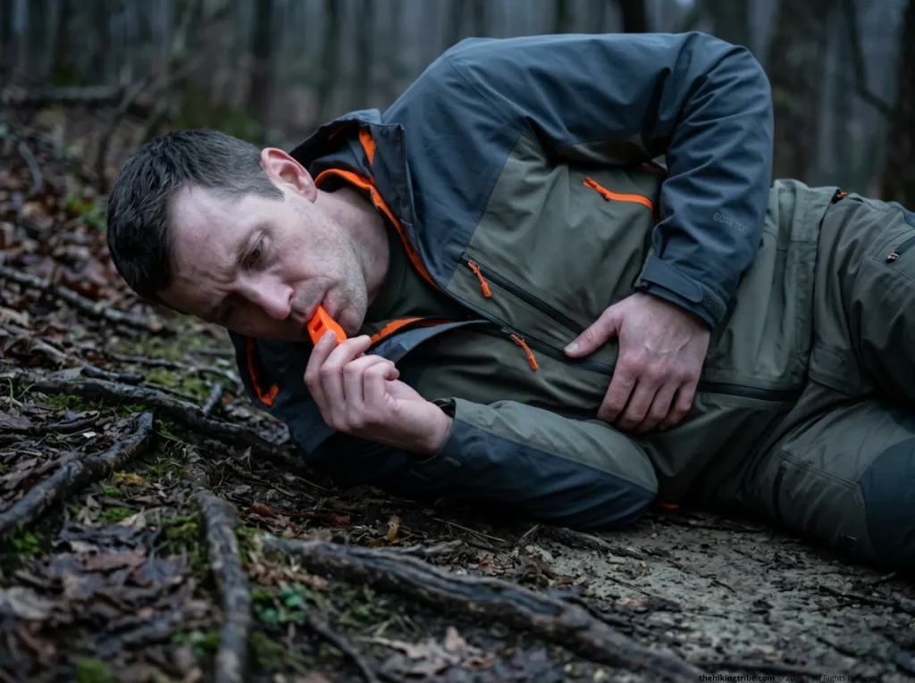 Exhausted, injured trail runner lacking lung capacity to blow a survival whistle