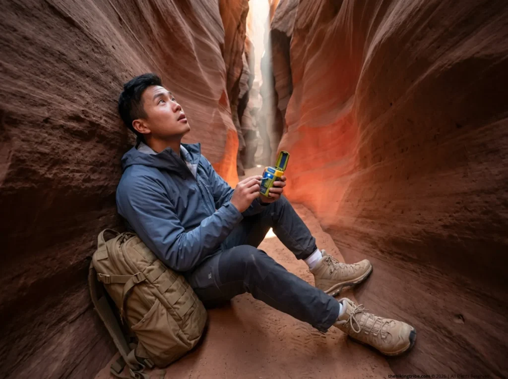 Injured hiker using a 406 MHz personal locator beacon from the floor of a slot canyon