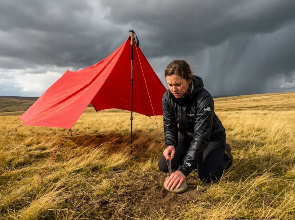 Hiker rapidly setting up a fast Plough Point tarp shelter configuration in an exposed grassy plain as storm approaches