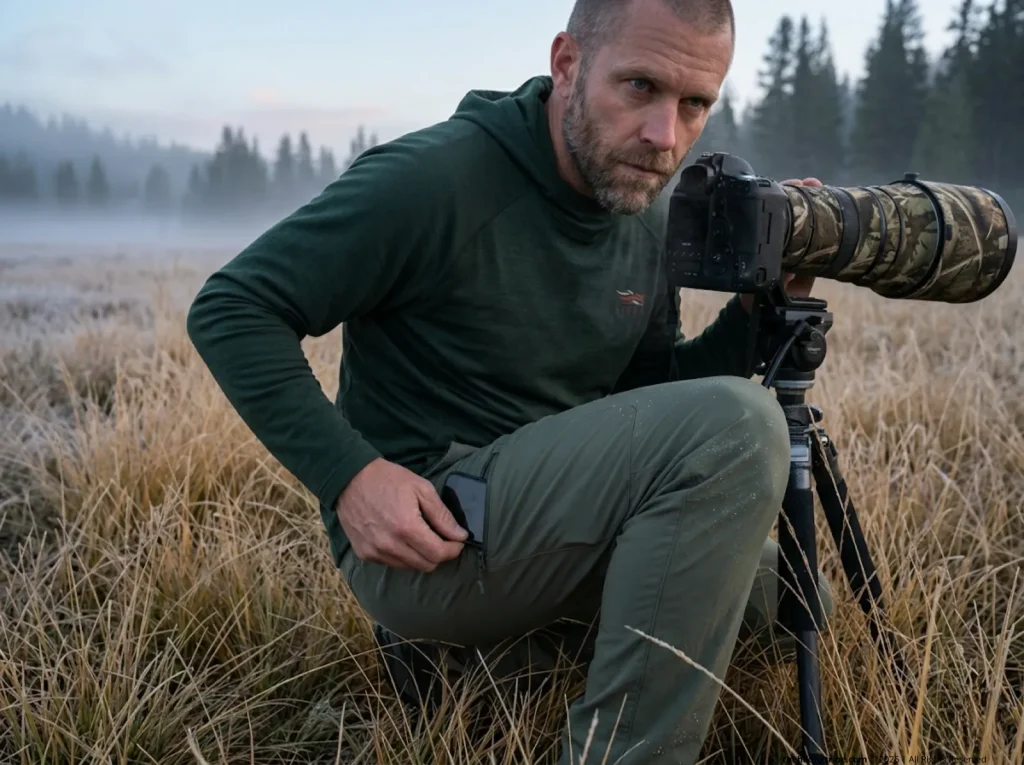 Wildlife photographer accessing smartphone from ergonomic hiking pant pocket