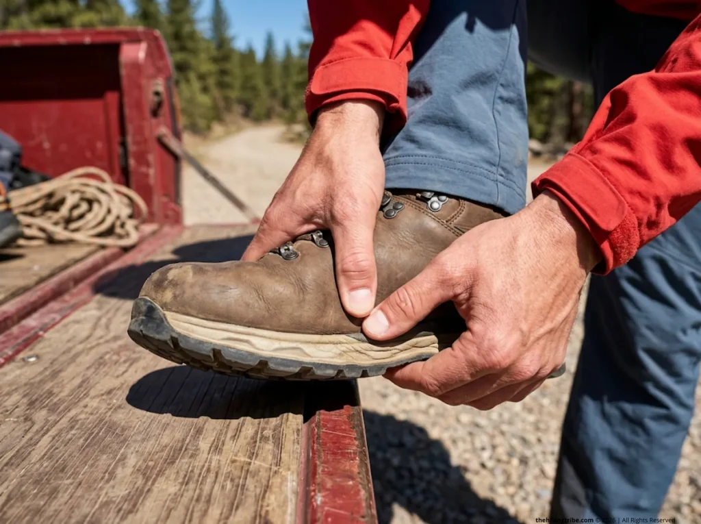 Close-up of a hiker's thumb executing the press test on a polyurethane hiking boot midsole.