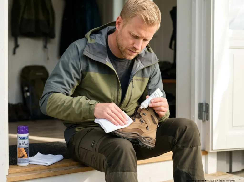 Hiker applying Lowa Active Cream conditioner to damp leather boot during post-drying restoration protocol