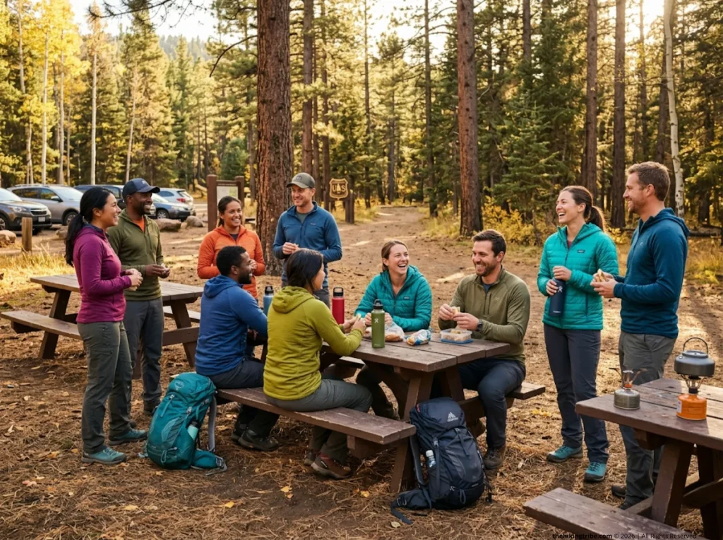 Diverse hiking group enjoying a post-hike social at a trailhead picnic area after a group hike