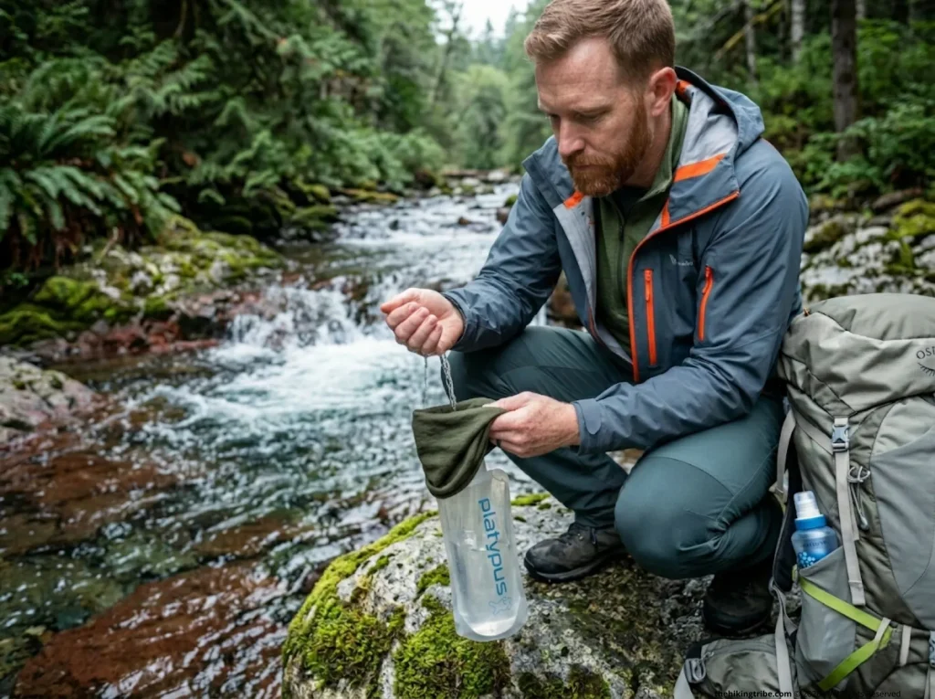 Hiker pre-filtering silty creek water through bandana into soft water bottle    