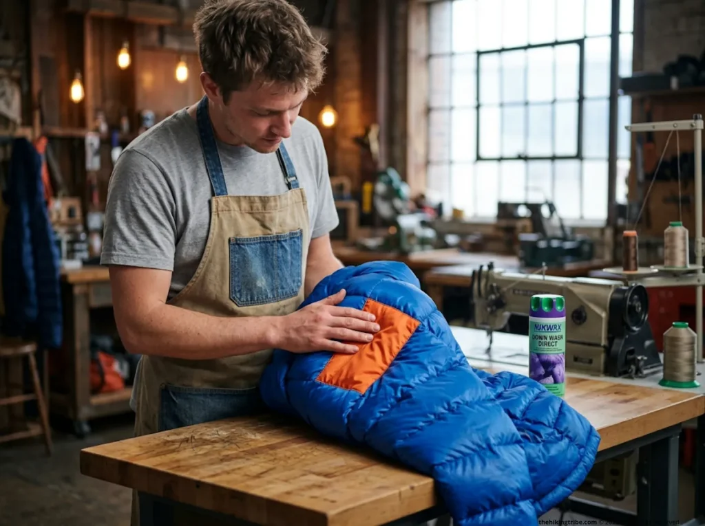 A technician inspecting a professionally stitched visible mending repair on a blue down jacket.