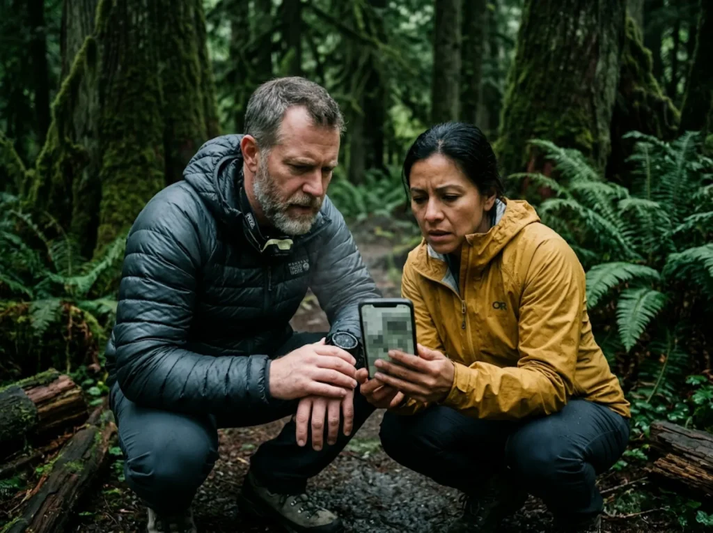 Two hikers struggling with pixelated raster map apps for offline hiking in a dense rainforest.