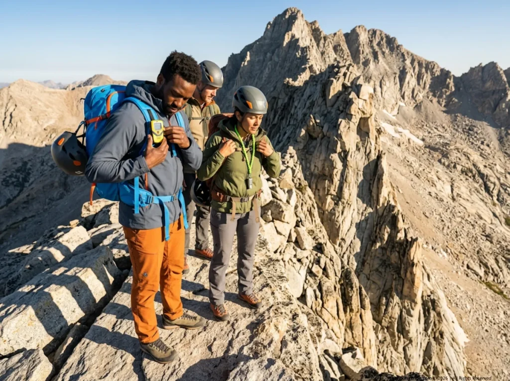 Backpacking group preparing a redundant safety setup with PLB and rescue whistles