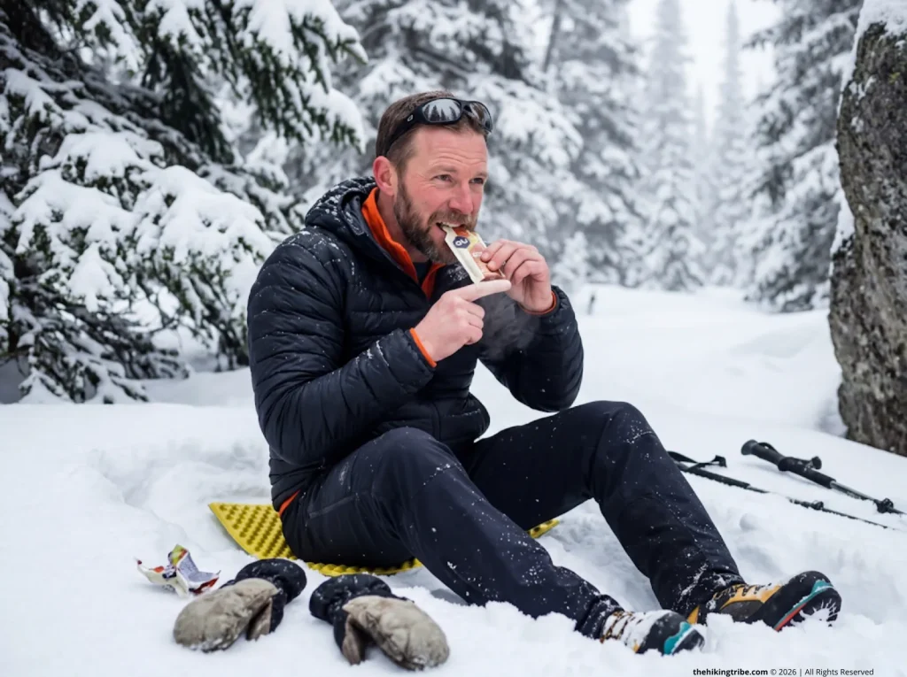 Hiker eating calories to fuel body heat and prevent frostbite