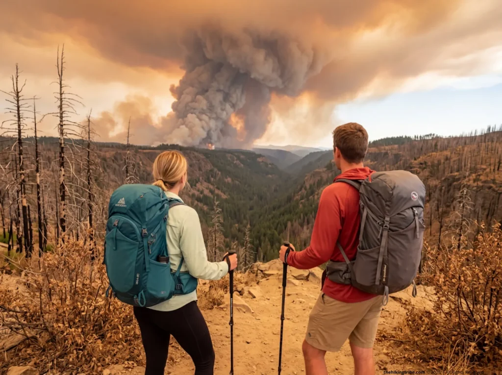 Hikers watching distant wildfire smoke, emphasizing the need for campfire regulations by region.
