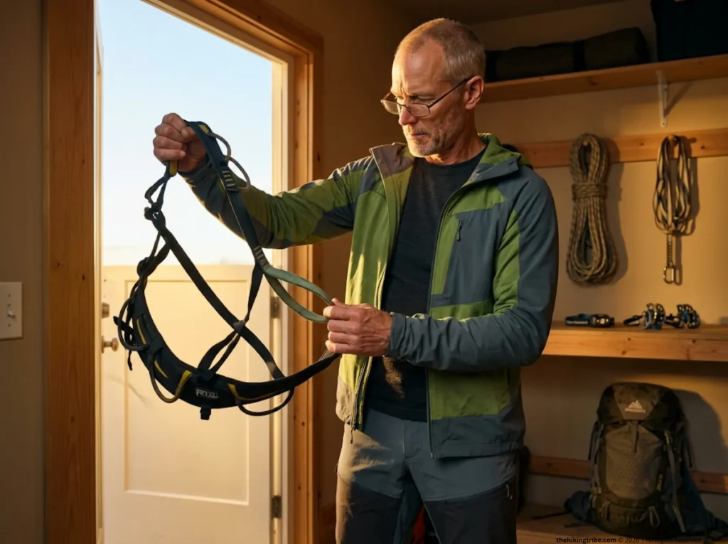 Experienced hiker inspecting Petzl Corax harness belay loop for UV fading and webbing degradation in garage doorway
