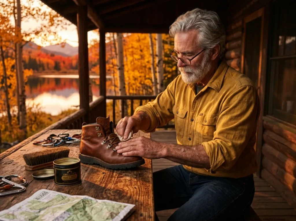 Hiker extending the lifespan of leather hiking boots by applying beeswax conditioner.