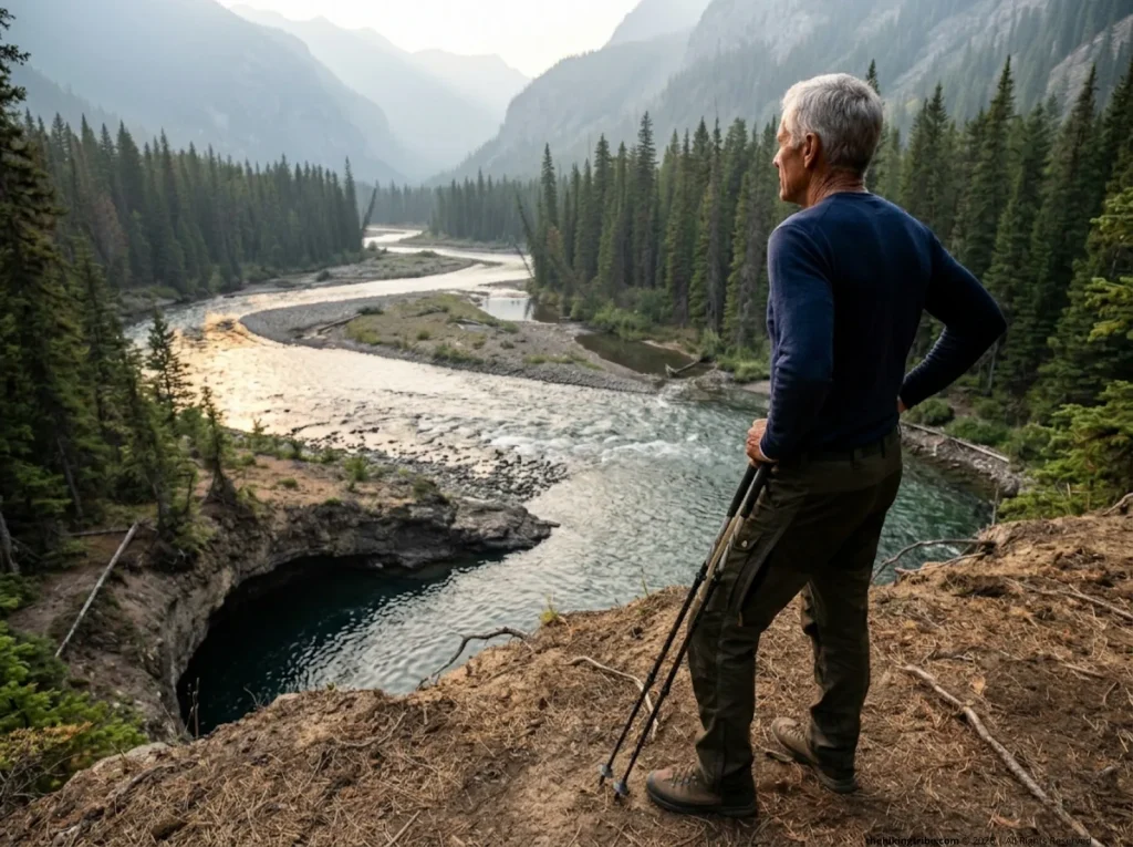 Experienced hiker standing on a riverbank scouting for a safe river crossing location