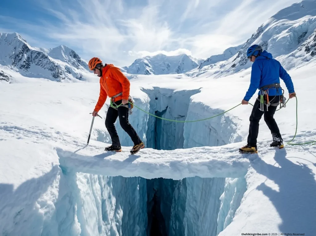Rope team spacing matrix over a crevasse, showing proper 10-minus equation distance for glaciated mountaineering travel.