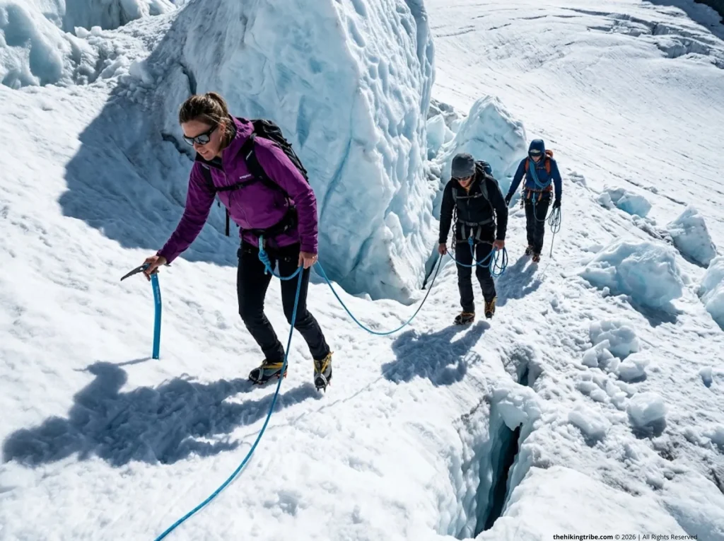 Roped movement cadence and tension, leading climbers maintaining a taut rope line around a blue ice serac.