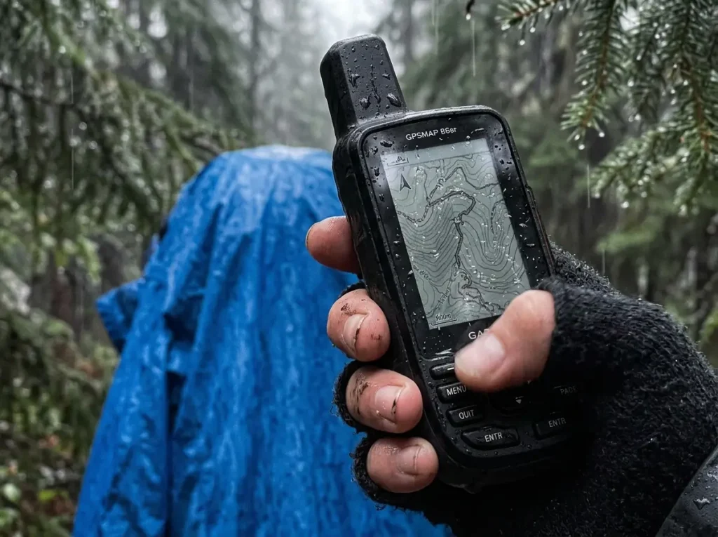 A rugged waterproof handheld GPS held in the rain showing durability advantage over a phone for hiking