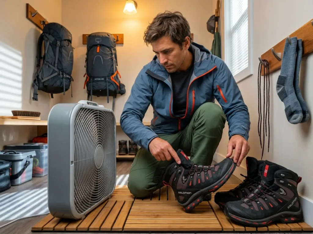 Hiker angling Salomon GTX boots in front of box fan for safe overnight drying using airflow