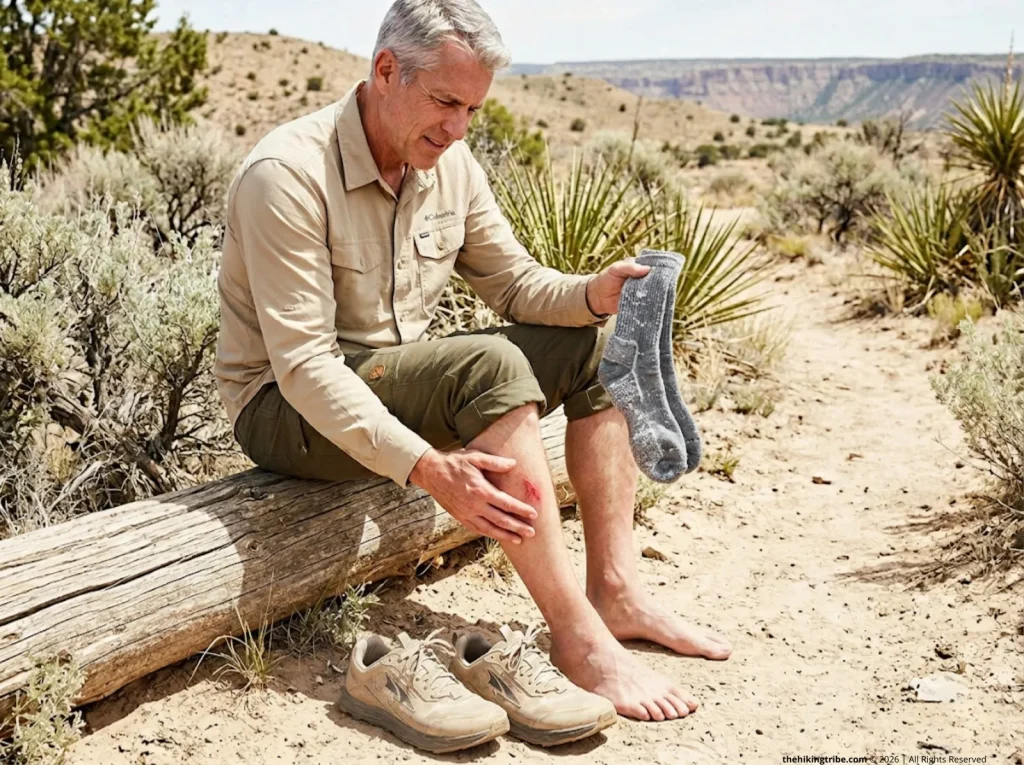 Older hiker inspecting a stiff salt-encrusted hiking sock and chafed leg skin on a desert trail.