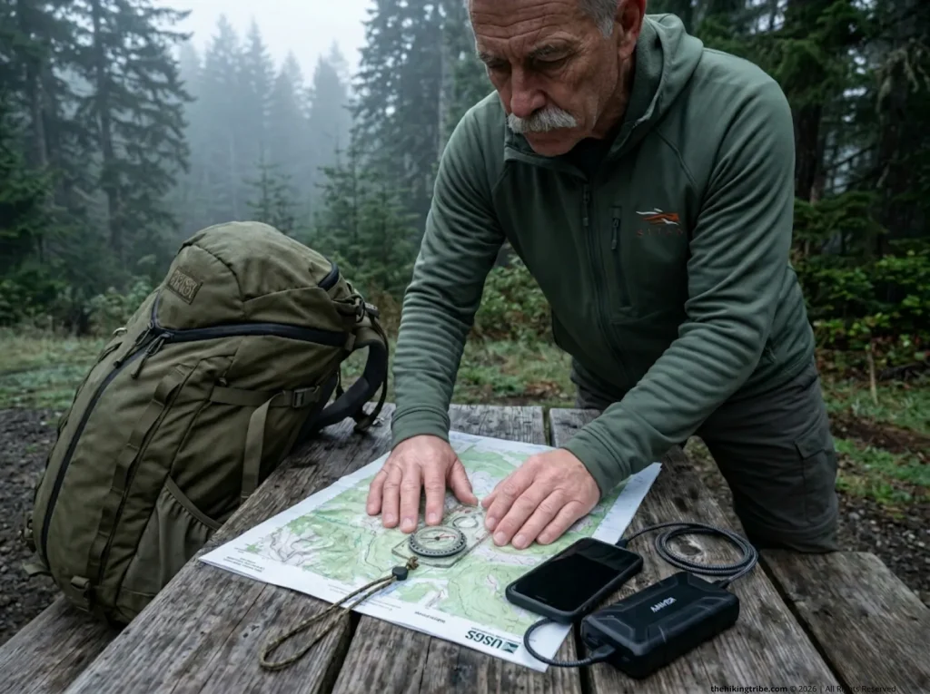 Search and Rescue veteran demonstrating the fail-safe paper map protocol alongside offline hiking apps.