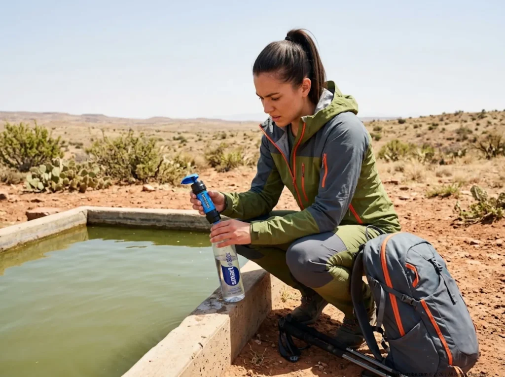 Female hiker filtering murky water with Sawyer Mini at desert cattle tank 